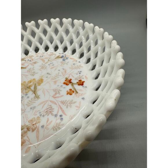 Vtg. Milk Glass Painted Floral Bowl Basket weave Lattice Fruit Compote Open Lace - Picture 13 of 13